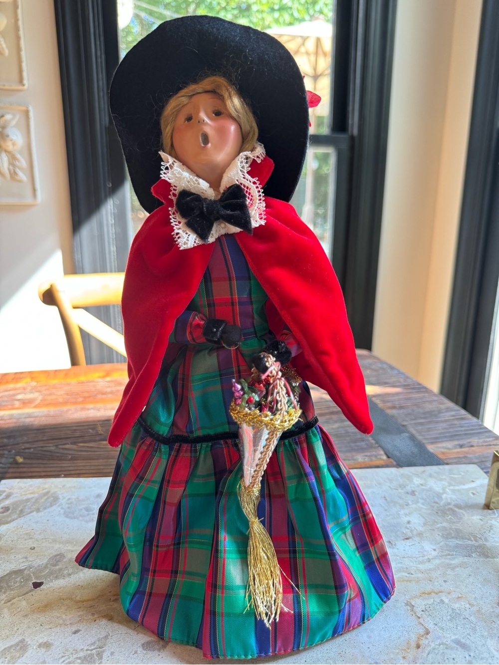 Byers' Choice Caroler Woman in Plaid Satin Skirt and Red Velvet Cape